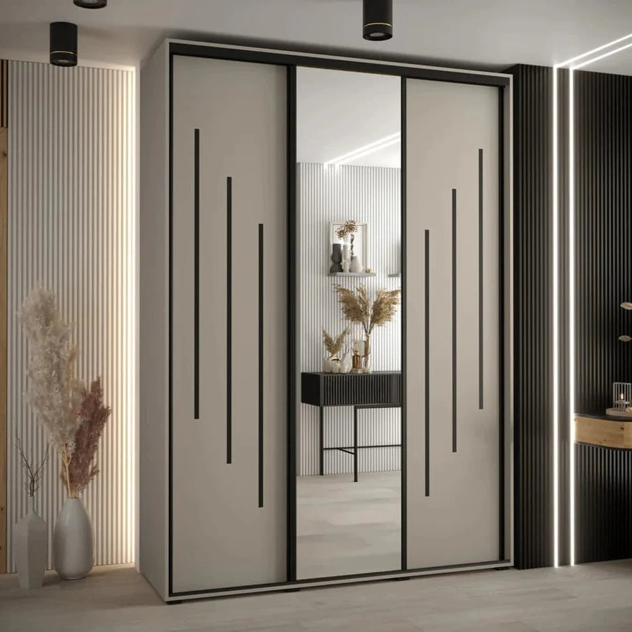 Dakota 3 Sliding Door 1 Mirrored Wooden Wardrobe in Cashmere