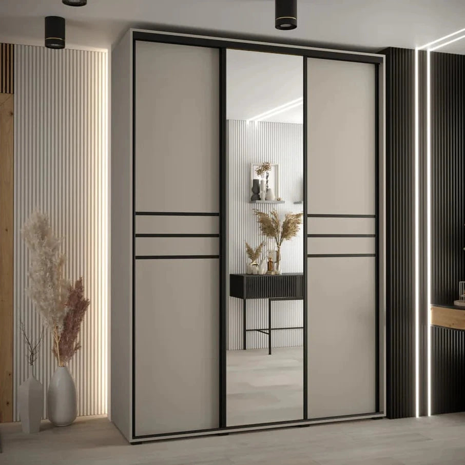 Dakota XI 3 Sliding Door 1 Mirrored Wooden Wardrobe in Cashmere