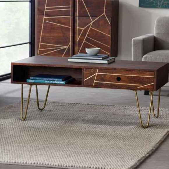 Dark Gold Rectangular Coffee Table With Drawer