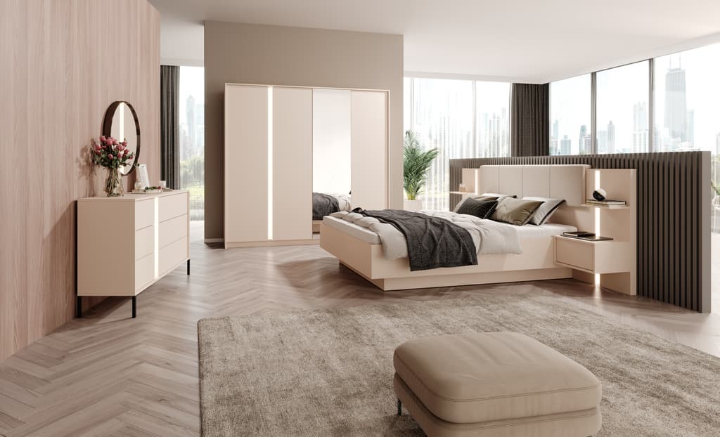 Dast King Size Ottoman Bed With Bedside Cabinets in Beige