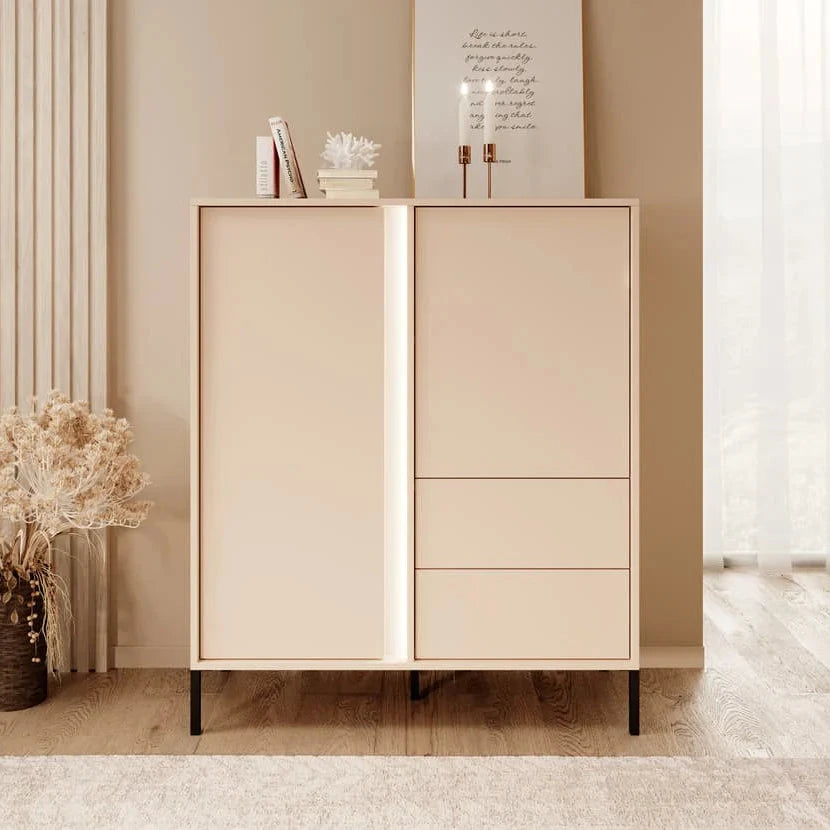 Dast Wooden Highboard 2 Drawers 2 Doors in Beige with Black Metal Legs