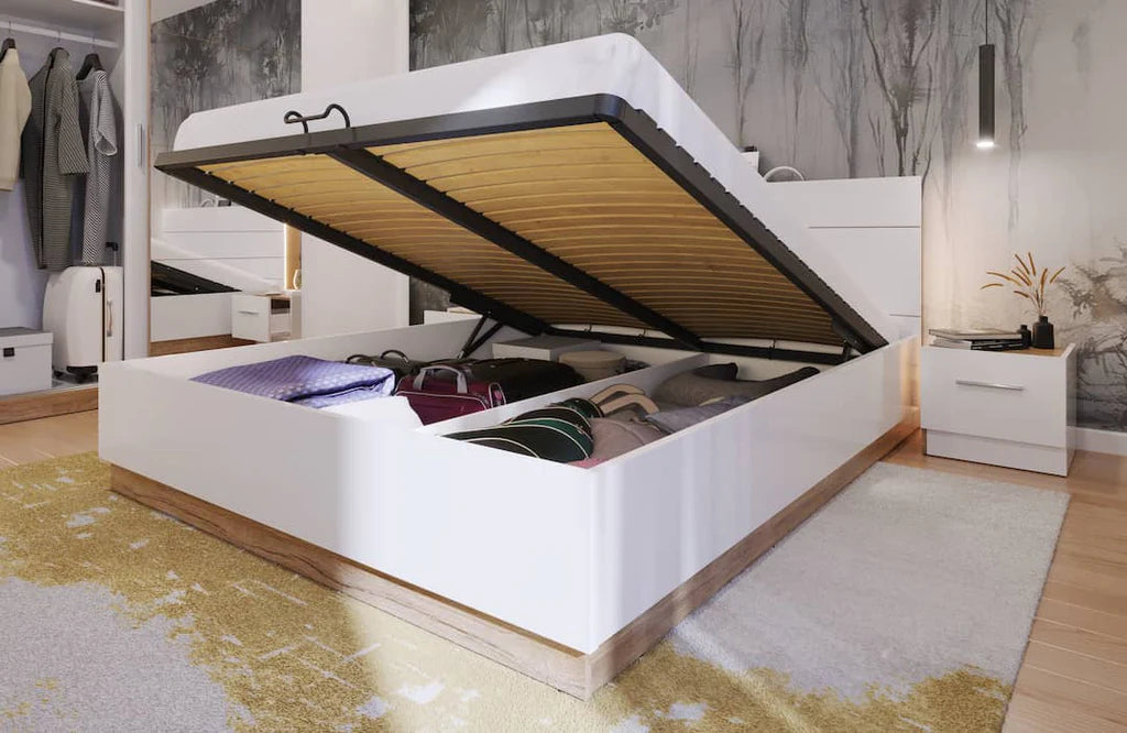 Dentro Wooden Double Bed with Storage and LED - 140cm - Furniture One Shop