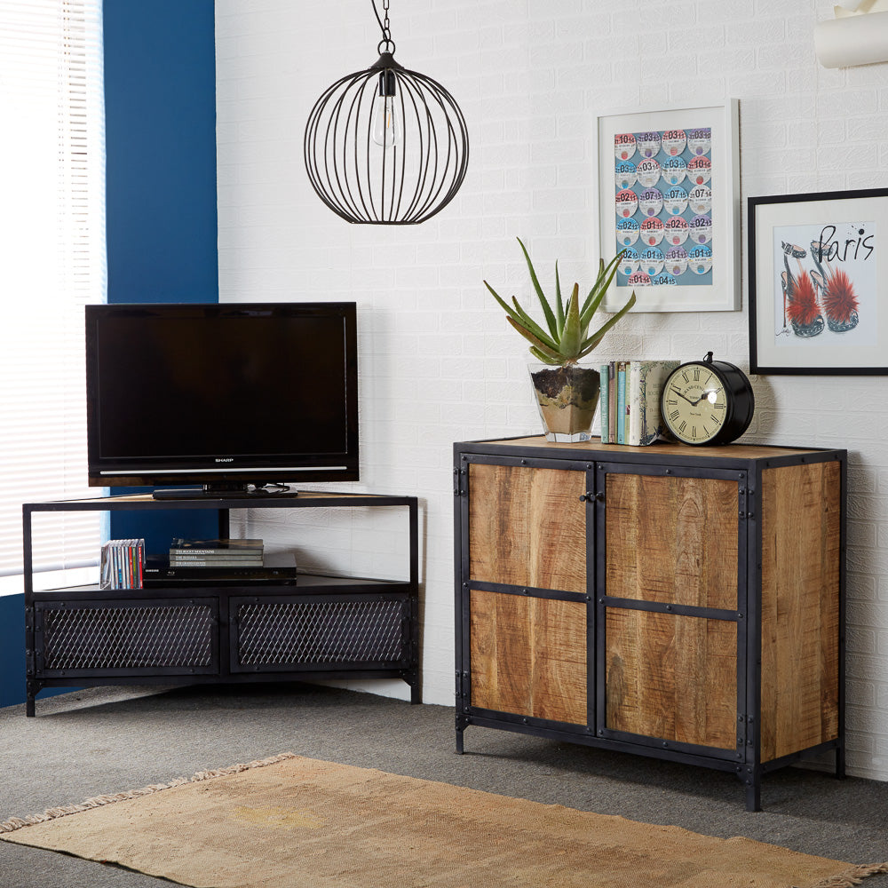 Ascot Corner TV Stand In Reclaimed Wood And Metal Frame