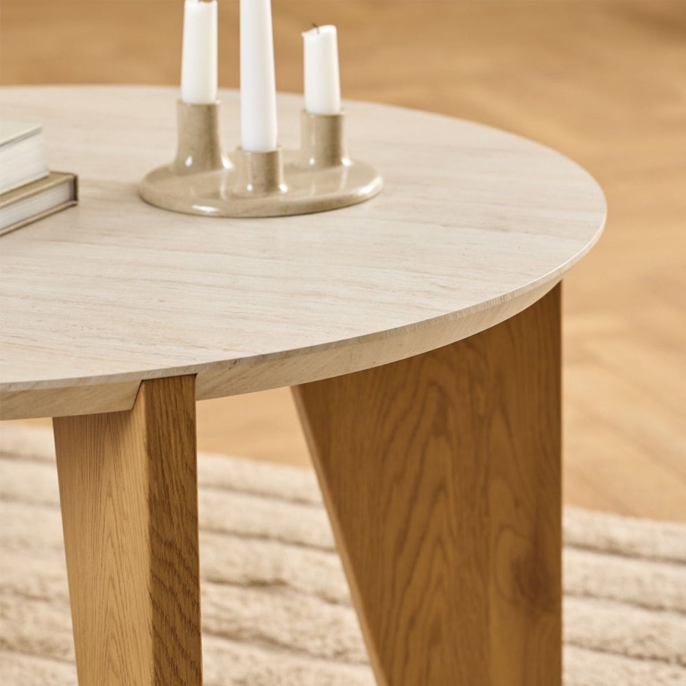 Dockland Wooden Round Coffee Table in Travertine and Wild Oak