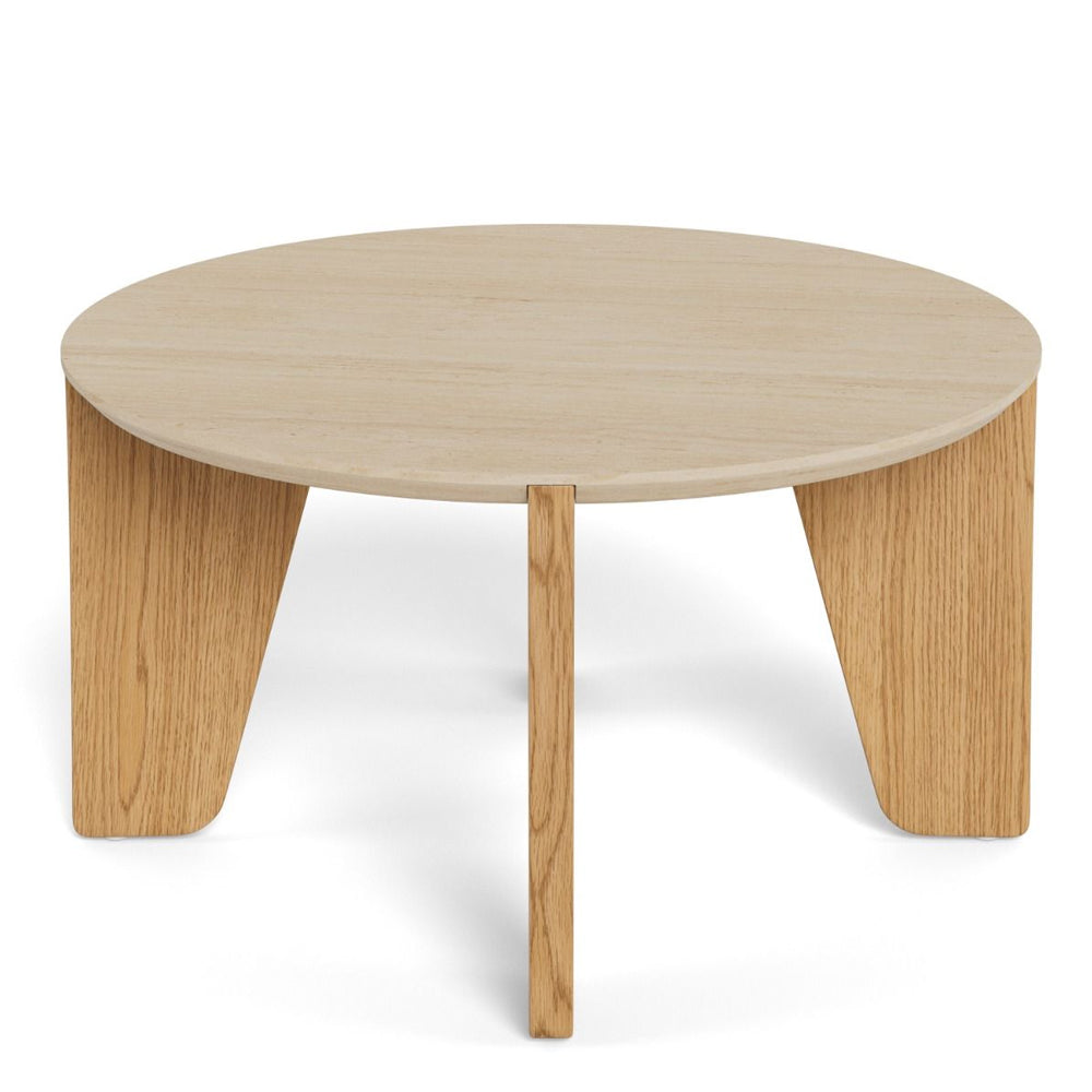 Dockland Wooden Round Coffee Table in Travertine and Wild Oak