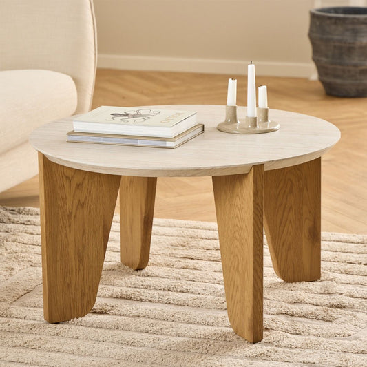 Dockland Wooden Round Coffee Table in Travertine and Wild Oak - Furniture One Shop