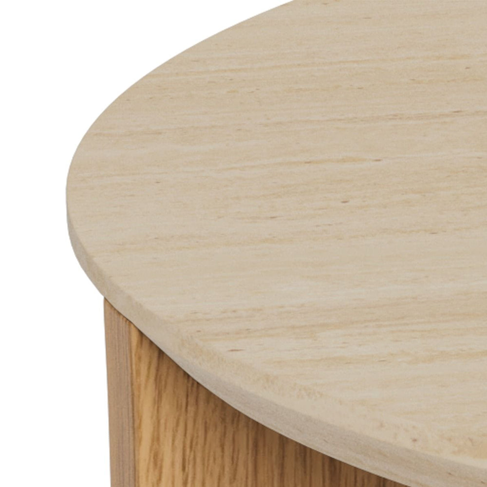 Dockland Wooden Round Coffee Table in Travertine and Wild Oak