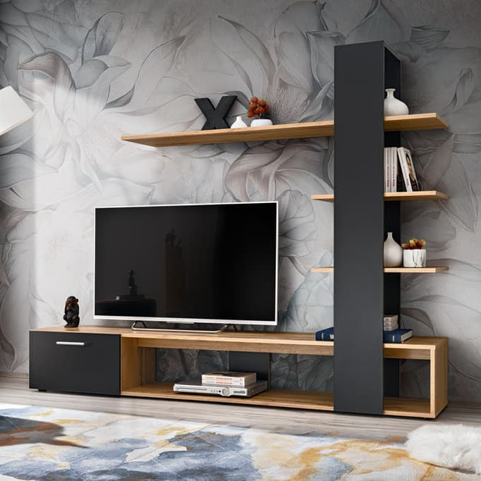 Eco Wooden TV Entertainment Unit in Oak Wotan & Black