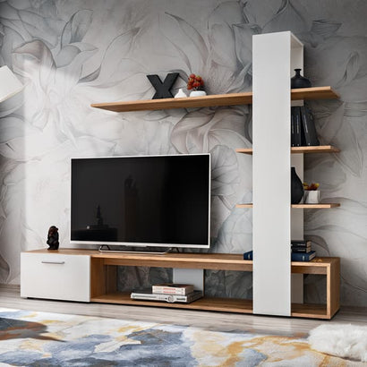 Eco Wooden TV Entertainment Unit in Oak Wotan & White