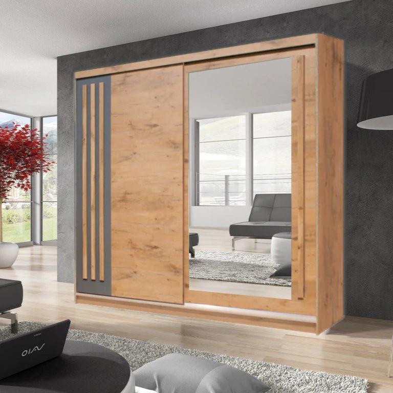 Effect Wooden Wardrobe 200cm With 2 Sliding Doors In Oak Lancelot