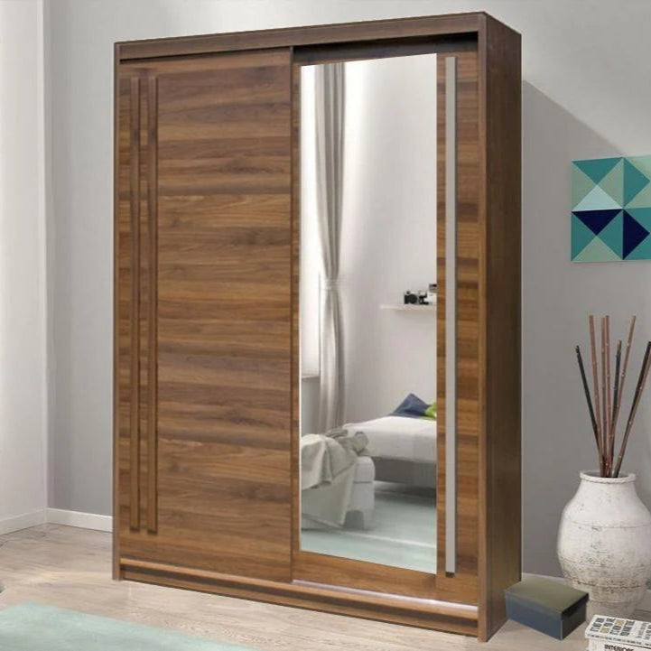 Effect Wooden Wardrobe 150cm With 2 Sliding Doors In Columbian Walnut