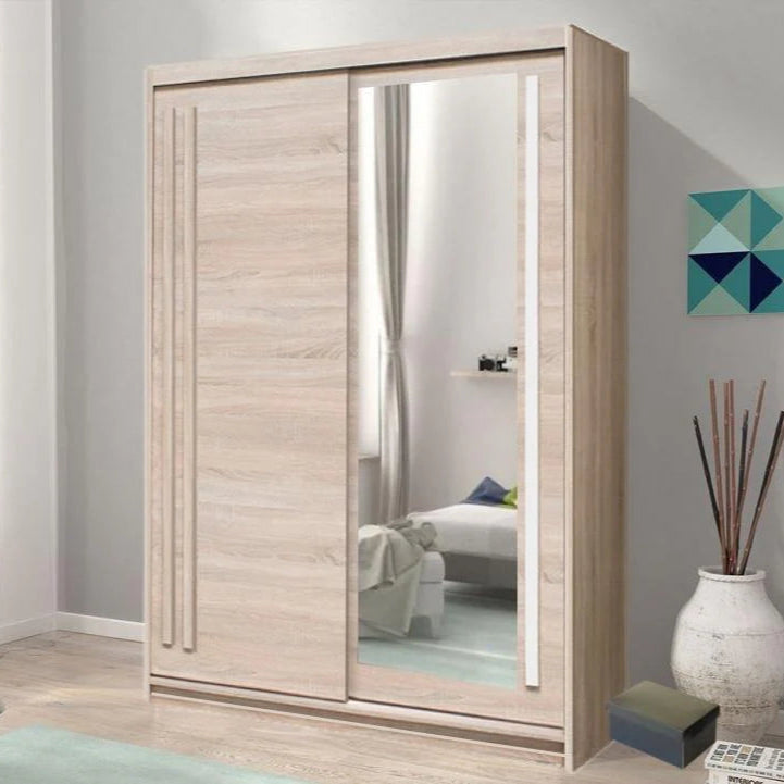 Effect Wooden Wardrobe 150cm With 2 Sliding Doors In Oak Sonoma