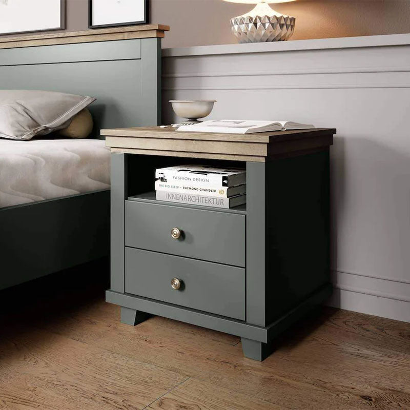 Evora 2 Drawer Bedside Cabinet in Green and Oak Lefkas