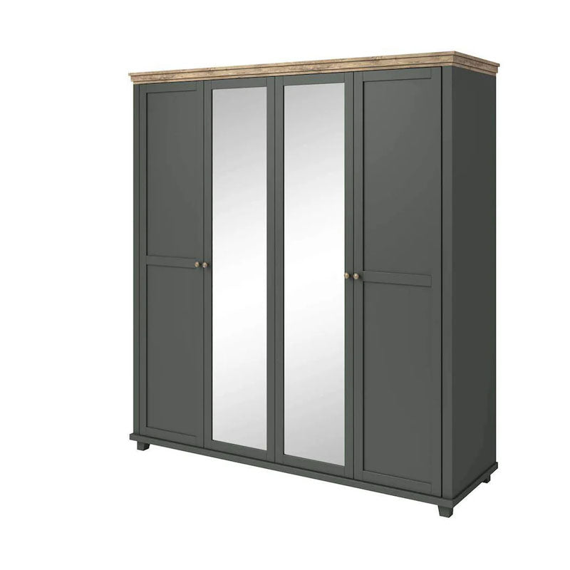 Evora Mirrored 4 Door Wooden Wardrobe in Green and Oak Lefkas - 200cm