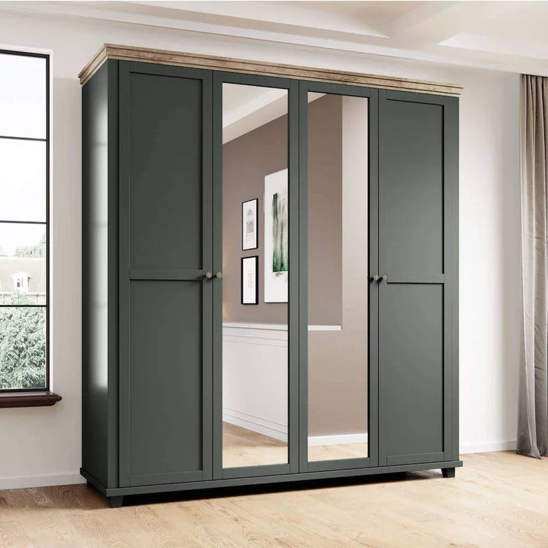 Evora Mirrored 4 Door Wooden Wardrobe in Green and Oak Lefkas - 200cm