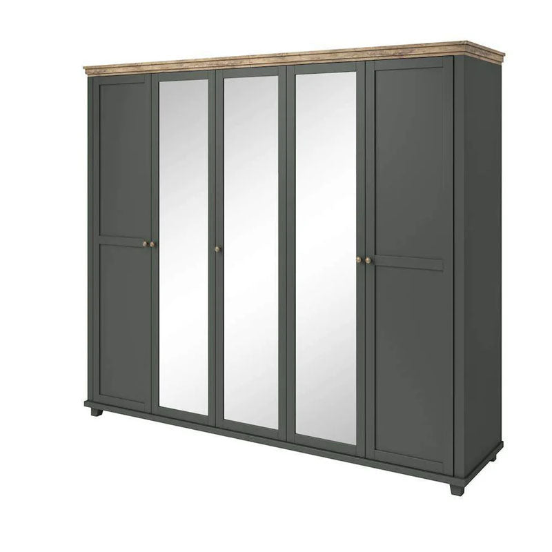 Evora Mirrored 5 Door Wooden Wardrobe in Green and Oak Lefkas - 246cm