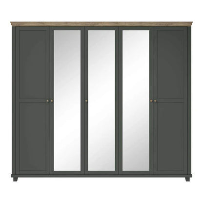 Evora Mirrored 5 Door Wooden Wardrobe in Green and Oak Lefkas - 246cm