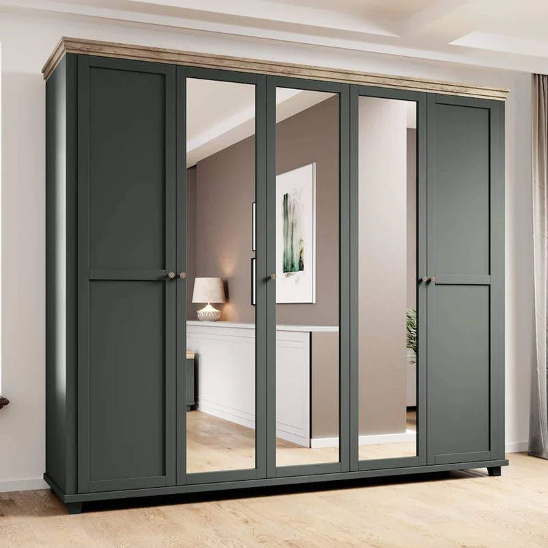 Evora Mirrored 5 Door Wooden Wardrobe in Green and Oak Lefkas - 246cm