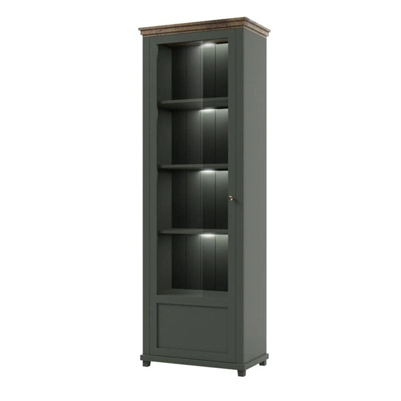 Evora Tall Narrow Left Handed Wooden Display Cabinet in Green and Oak Lefkas - 71cm