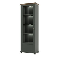 Evora Tall Narrow Left Handed Wooden Display Cabinet in Green and Oak Lefkas - 71cm - Furniture One Shop