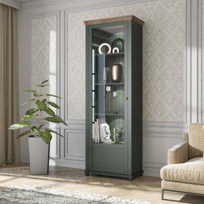 Evora Tall Narrow Left Handed Wooden Display Cabinet in Green and Oak Lefkas - 71cm - Furniture One Shop