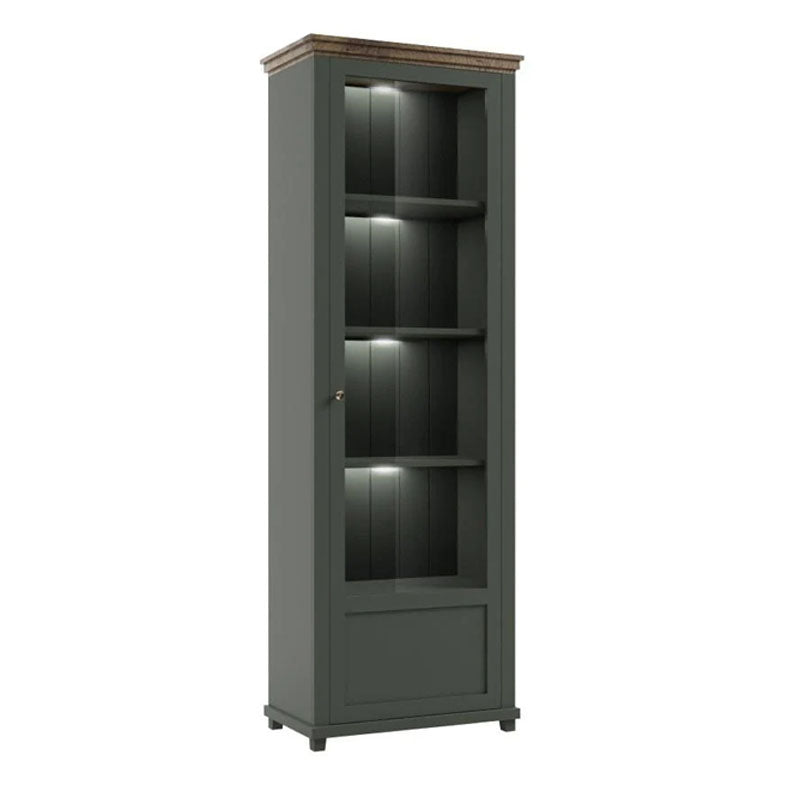 Evora Tall Narrow Right Handed Wooden Display Cabinet in Green and Oak Lefkas - 71cm