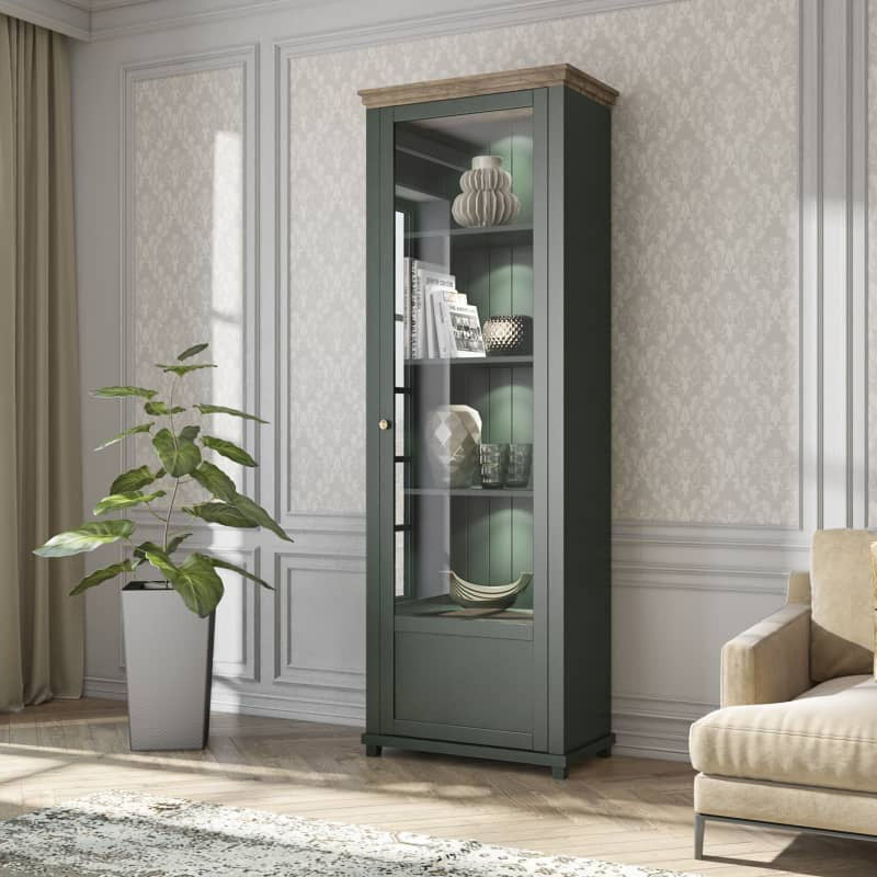 Evora Tall Narrow Right Handed Wooden Display Cabinet in Green and Oak Lefkas - 71cm