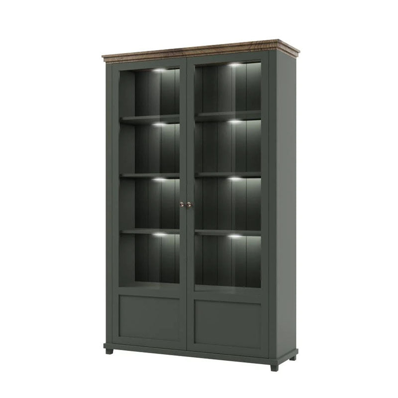 Evora Tall Wooden 2 Door Display Cabinet in Green and Oak Lefkas - 126cm