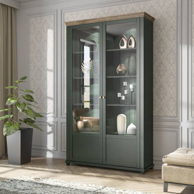 Evora Tall Wooden 2 Door Display Cabinet in Green and Oak Lefkas - 126cm