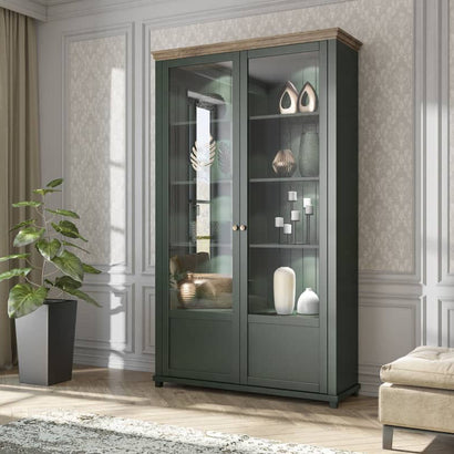 Evora Tall Wooden 2 Door Display Cabinet in Green and Oak Lefkas - 126cm - Furniture One Shop