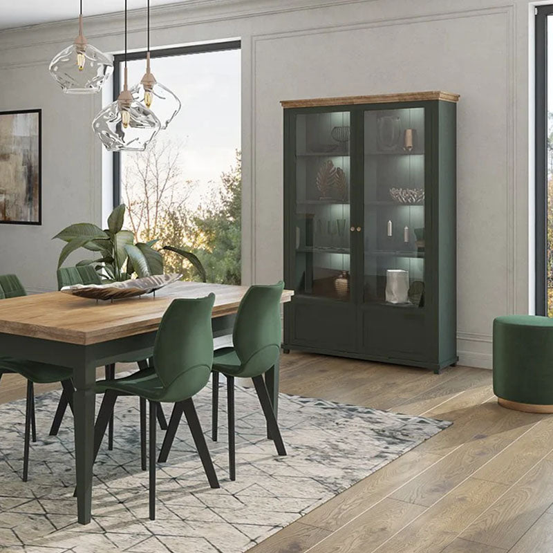 Evora Tall Wooden 2 Door Display Cabinet in Green and Oak Lefkas - 126cm