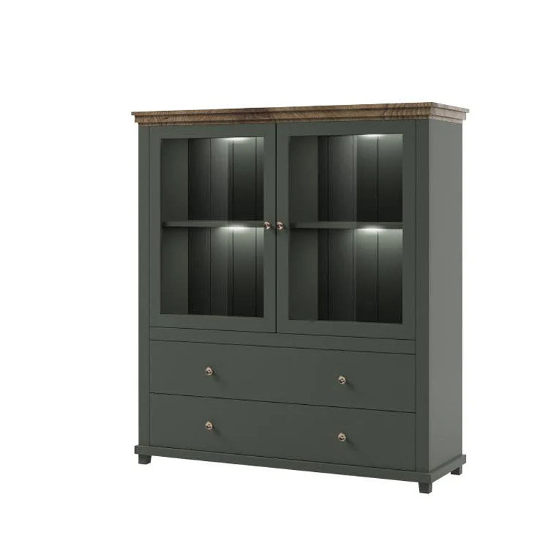 Evora Wooden 2 Door 2 Drawer Display Cabinet in Green and Oak Lefkas - 16mm Laminated Board - 126cm - UK