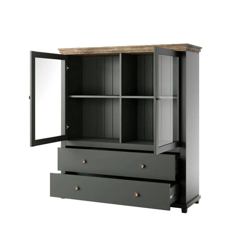 Evora Wooden 2 Door 2 Drawer Display Cabinet in Green and Oak Lefkas