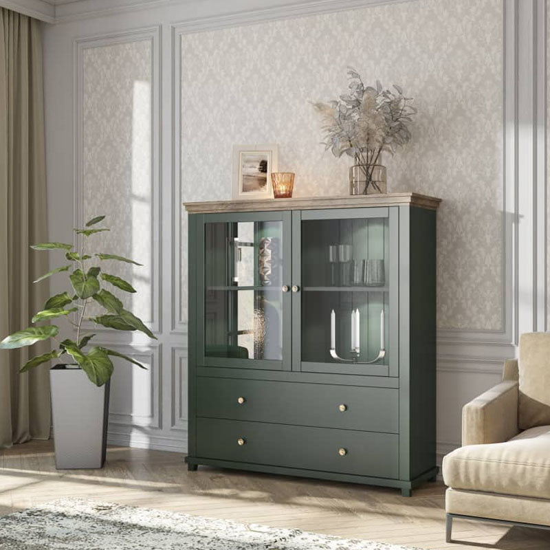 Evora Wooden 2 Door 2 Drawer Display Cabinet in Green and Oak Lefkas