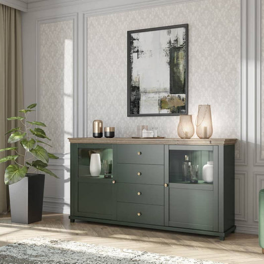 Evora Wooden 2 Door 4 Drawer Sideboard in Green and Oak Lefkas