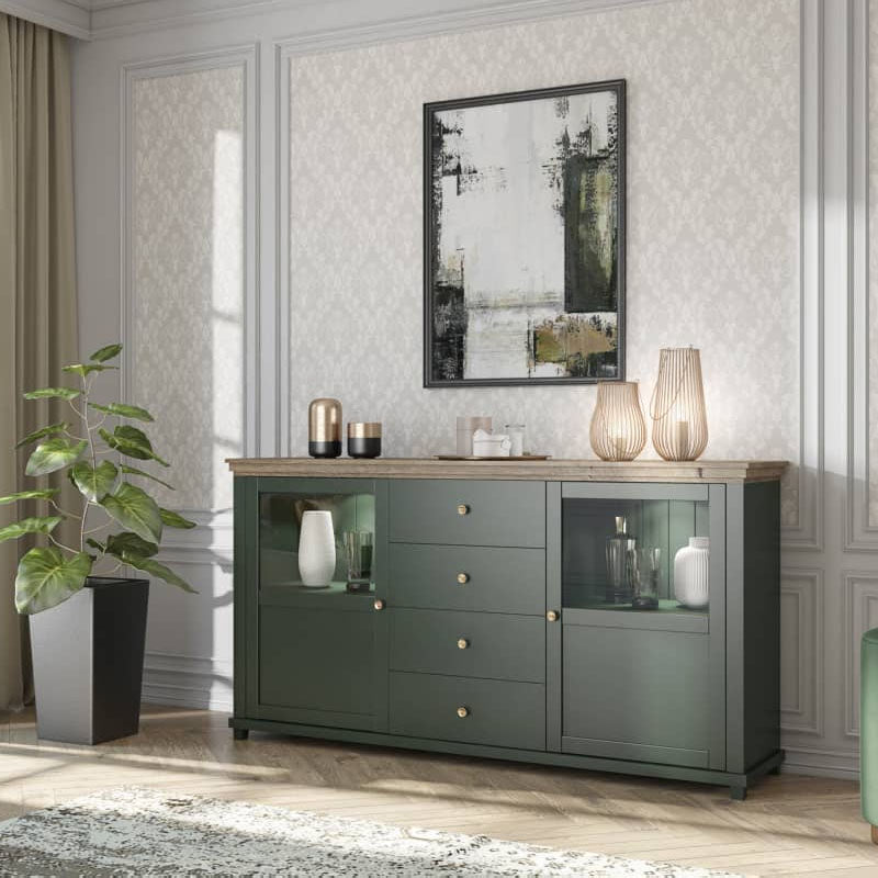 Evora Wooden 2 Door 4 Drawer Sideboard in Green and Oak Lefkas