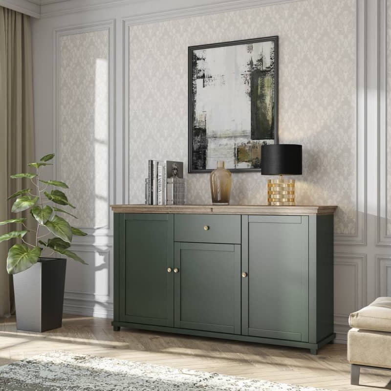 Evora Wooden 3 Door 1 Drawer Sideboard in Green and Oak Lefkas - 160cm