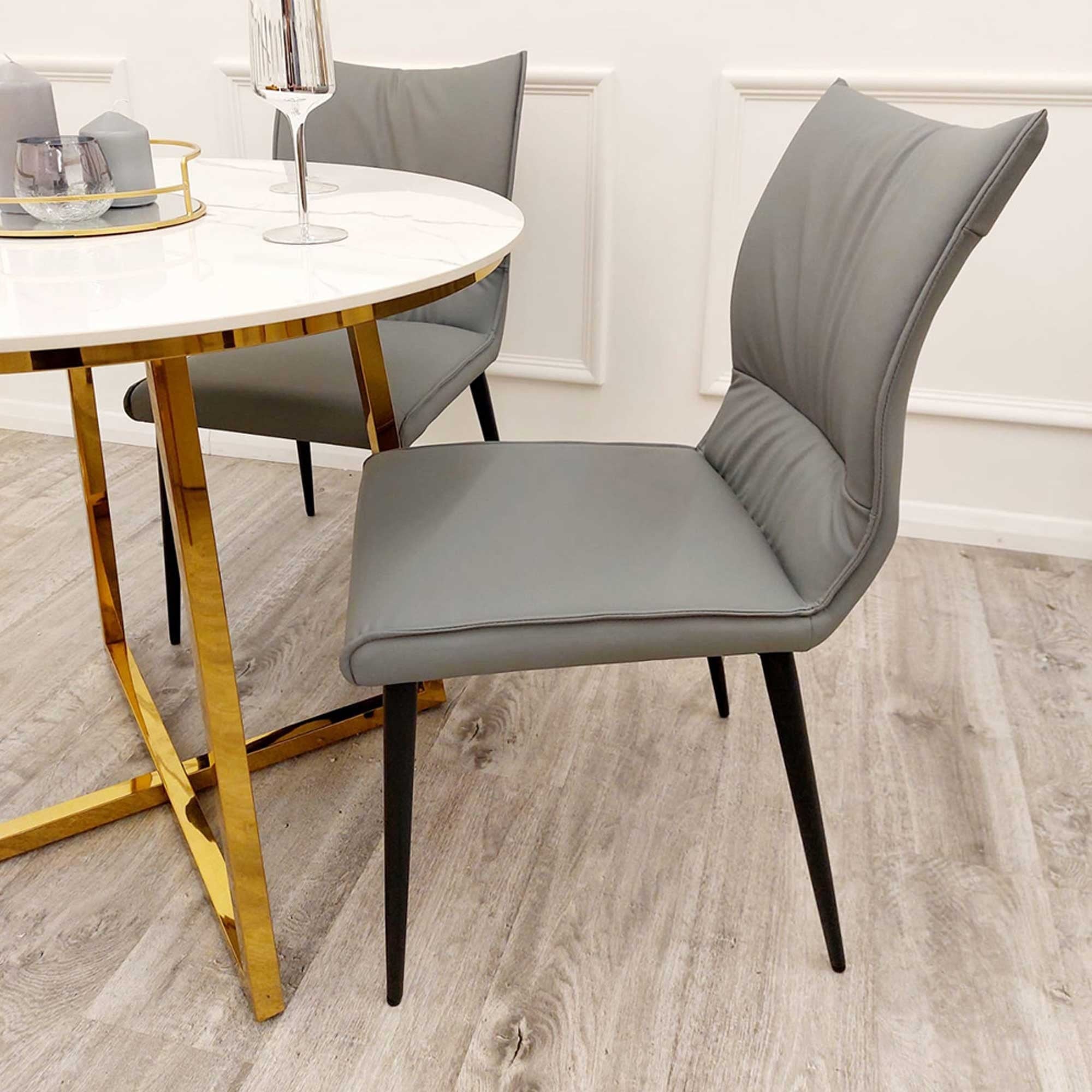 Flora Grey Leather Dining Chairs in Pair