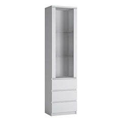 Fribo Tall narrow 1 door 3 drawer glazed display cabinet in White - Furniture One Shop