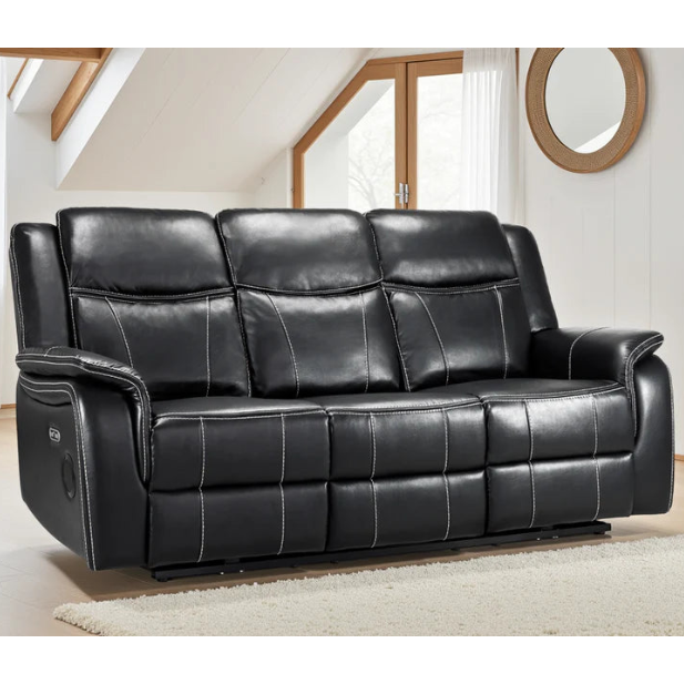 Galaxy Tech Leather Aire 3 Seater Electric Recliner Sofa In Black