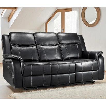 Galaxy Tech Leather Aire 3 Seater Electric Recliner Sofa In Black - Furniture One Shop