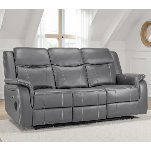 Galaxy Tech Leather Aire 3 Seater Electric Recliner Sofa In Grey