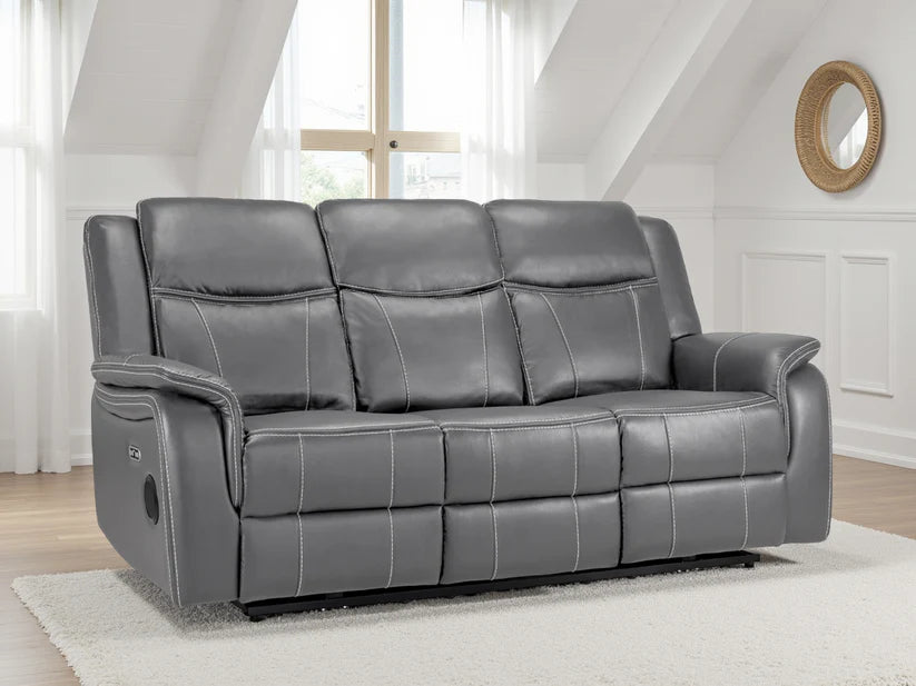 Galaxy Tech Leather Aire 3 Seater Electric Recliner Sofa In Grey