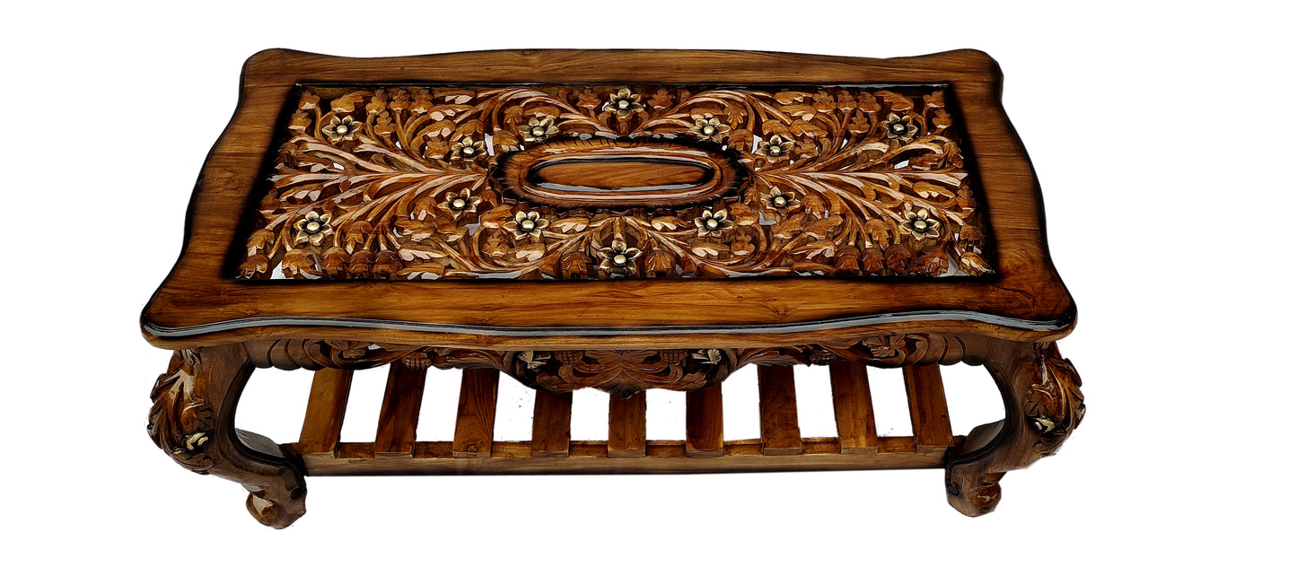Handcrafted Solid Sheesham Wood Coffee Table with Carved Design in Brown