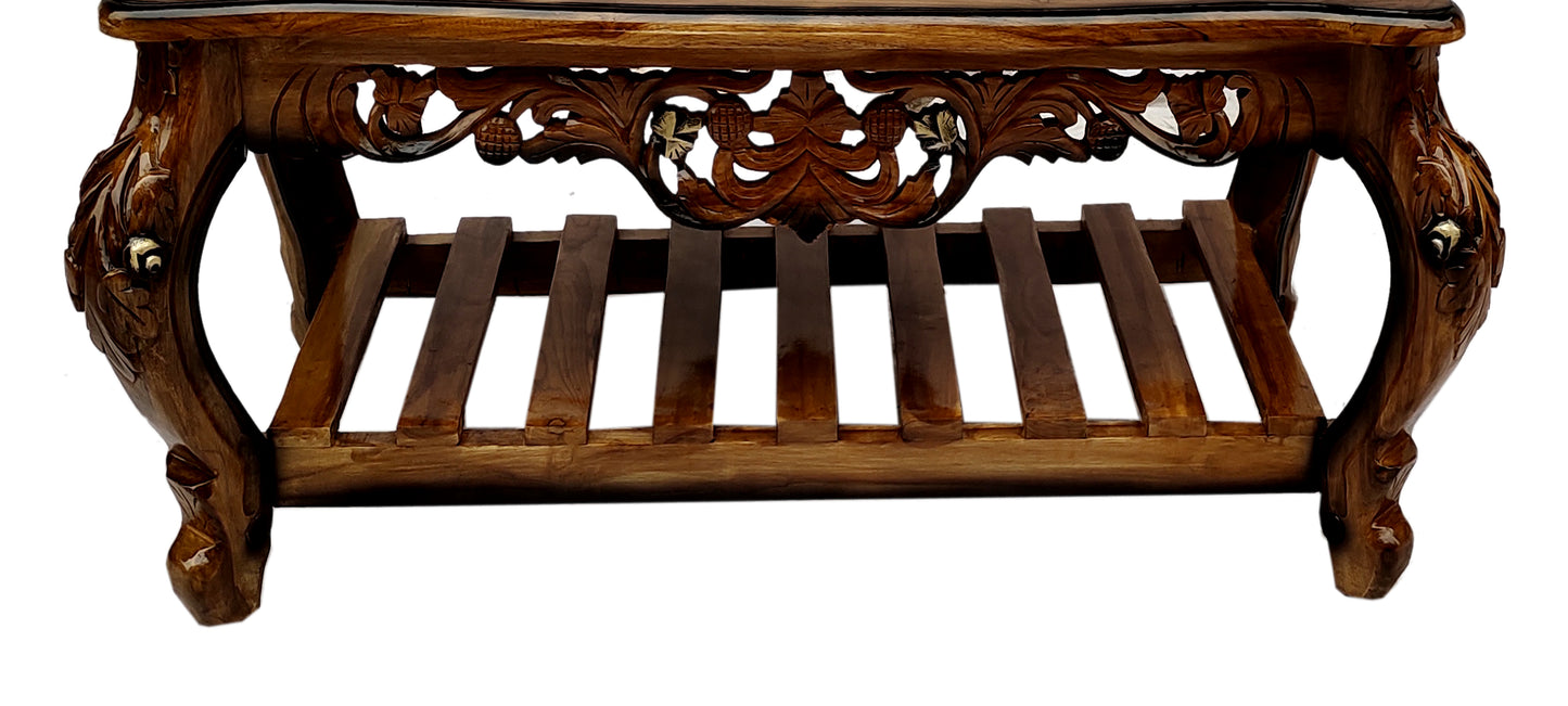 Handcrafted Solid Sheesham Wood Coffee Table with Carved Design in Brown