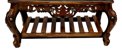 Handcrafted Solid Sheesham Wood Coffee Table with Carved Design in Brown