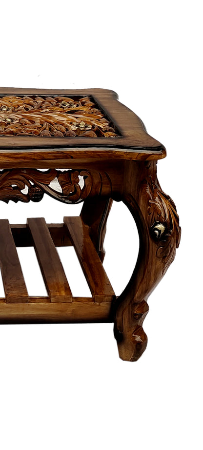Handcrafted Solid Sheesham Wood Coffee Table with Carved Design in Brown