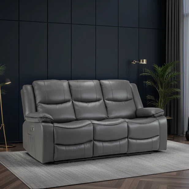 Harald Faux Leather 3 Seater Electric Recliner Sofa In Grey