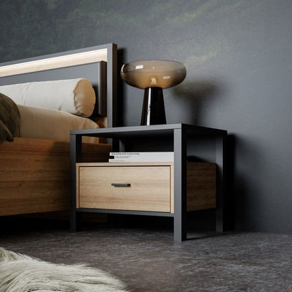 High Rock Bedside in Matt Black/Riviera Oak - Furniture One Shop