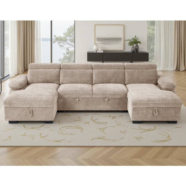 Hudson Beige U-Shape Corner Sofa Bed with Storage